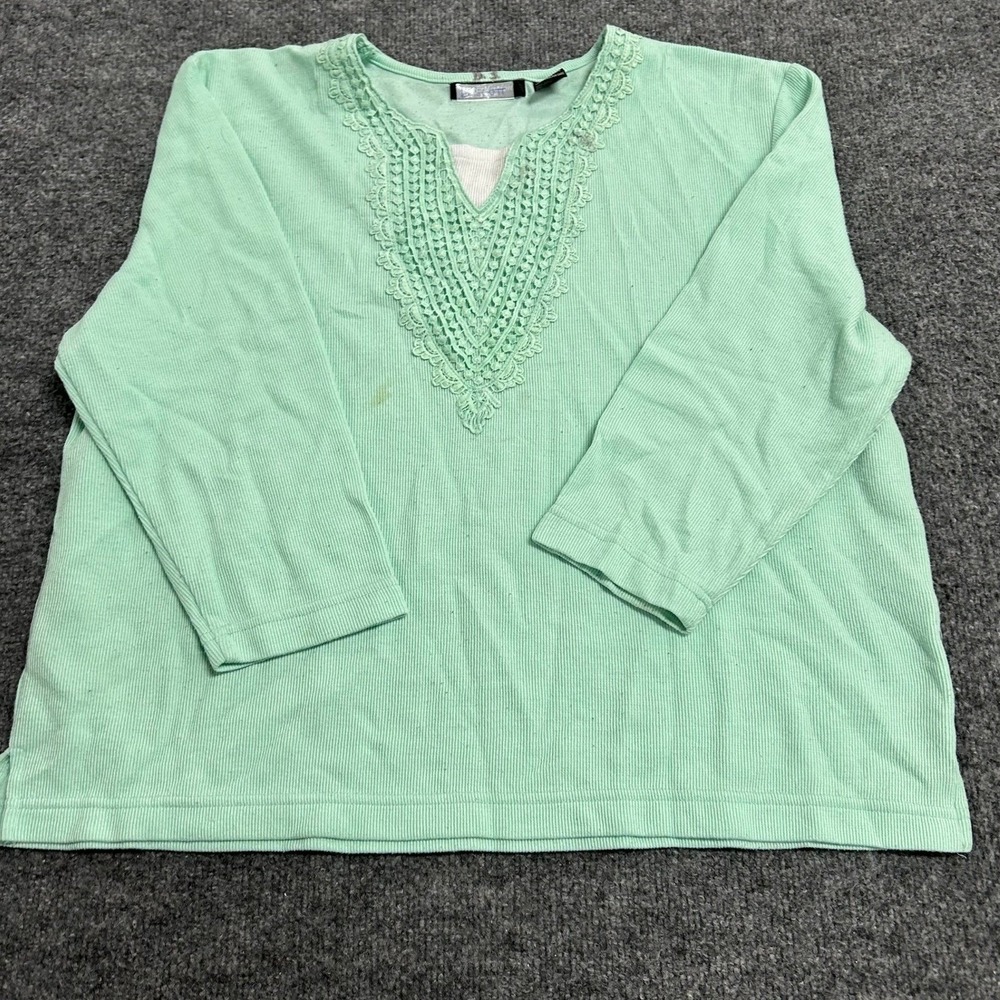 Alfred Dunner Top Womens PXL Mint Green Crochet Lace V-Neck Ribbed 3/4 Sleeve